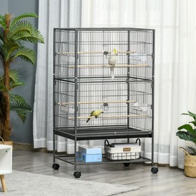 Gaiola para Aves com Suporte, 78 x 52 x 132 cm, 4 Poleiros em Madeira, Cinzento-escuro