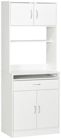 HOMCOM Armário de Cozinha com 4 Portas Bandeja Amovível Prateleira Ajustável Gaveta e Bancada para Micro-Ondas 70x40x180 cm Branco