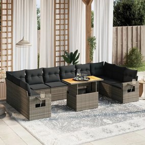 11 pcs conjunto sofás de jardim c/ almofadões vime PE cinzento
