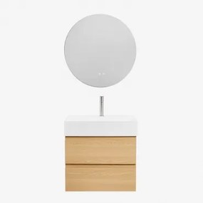 Conjunto De Móvel De Casa De Banho Em Madeira E Chapa De Freixo Com Lavatório Integrado Ona Madeira Natural & Redondo Led E - Sklum