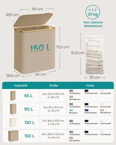 Cesto para roupa suja 150 L com tampa e 3 compartimentos 60 x 38,5 x 70,5 cm castanho-camelo
