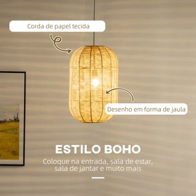 Candeeiro Suspenso de Corda de Papel Candeeiro de Teto Lâmpada E27 Máx. 40W com Corda Ajustável para Sala de Jantar Dormitório Ø30x47cm Natural e Pret