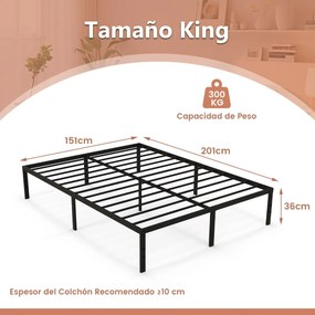 Estrutura de cama de metal simples e resistente de tamanho 201 x 151 x 36 cm com suporte de ripas de ferro e arrumação Preta