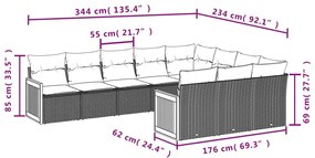 10 pcs conjunto sofás de jardim c/ almofadões vime PE preto