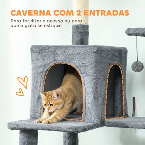 Arranhador para Gatos 60x48x202 cm com Plataformas Plataformas Caverna Postes de Sisal Bolas e Corda para Brincar Cinza