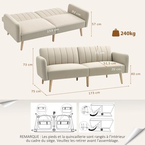 Sofá-cama de 2 lugares, design escandinavo, encosto reclinável em 3 posições, pés de madeira, tecido com efeito de linho bege