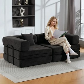 Sofá Cama de 2 Lugares Dobrável Estofado em Chenilla com 2 Almofadas Braços Largos Acolchoamento Grosso Cinzento Escuro