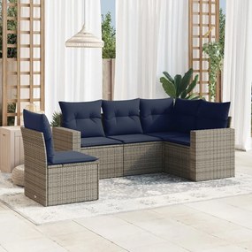5 pcs conjunto sofás p/ jardim c/ almofadões vime PE cinzento