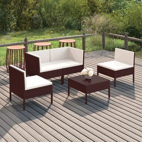 vidaXL 5 pcs conjunto lounge jardim c/ almofadões vime PE castanho