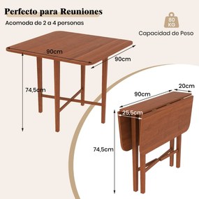 Mesa de jantar 90 x 90 x 74,5 c quadrada dobravel de madeira com 2 painéis rebatíveis e pernas de madeira maciça para sala de estar Cor Nogueira