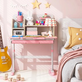 Secretária Infantil 80 x 51 x 88-110,5 cm com Altura Ajustável, Inclinável Gaveta Bandeja Estantes para Casa Escola Rosa