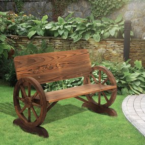 Banco de Jardim de Madeira Banco de Exterior com 2 Rodas Decorativas Estilo Rústico 114x58x80 cm Castanho Carbonizado