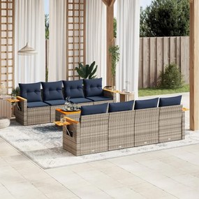 9 pcs conjunto sofás p/ jardim c/ almofadões vime PE cinzento