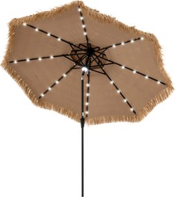 Guarda-sol de 313 cm com luzes LED Estilo havaiano Cabo basculante Palha PE Natural + Preto