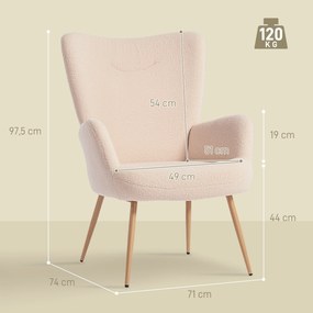 Poltrona de sala, poltrona auxiliar estofada em tecido bouclé com encosto alto e braços, 71 x 74 x 97,5 cm, bege