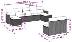 9 pcs conjunto sofás p/ jardim com almofadões vime PE cinzento