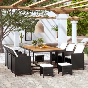 vidaXL 11 pcs conjunto jantar p/ exterior vime e madeira acácia preto