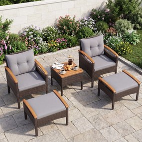 Conjunto  de jardim de 5 peças em vime e rattan, com 2 poltronas, 2 pufes, mesa em madeira de acácia Castanho misturado e cinzento