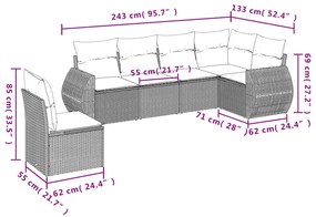 6 pcs conjunto de sofás jardim c/ almofadões vime PE castanho