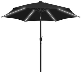 Guarda-sol de jardim c/ luzes LED/poste alumínio 300 cm preto