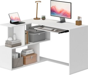 Secretária de canto 120 x 100 x 76 cm em L com prateleiras de arrumação, tabuleiro deslizante para teclado, branco