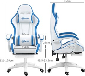 Cadeira de gaming ergonómica com encosto reclinável até 135° e apoio lombar, 65 x 65 x 121-129 cm, branca