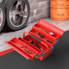 DURHAND Caixa de ferramentas dobrável de aço com 5 compartimentos Maleta de ferramentas com alça 45x22,5x34,5 cm Vermelho