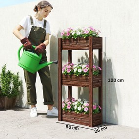 Floreira elevada com pés, 3 níveis, orifícios de drenagem e forro, 60 x 25 x 120 cm, castanho