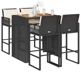 5 pcs conjunto de bar jardim c/ almofadões vime PE/acácia preto