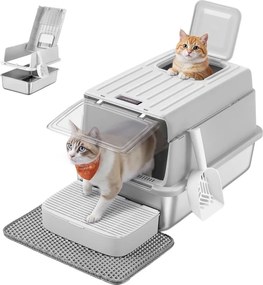 Caixa de areia para gatos em aço inoxidável com tampa e acessórios 60 x 40 x 38 cm cinzento claro