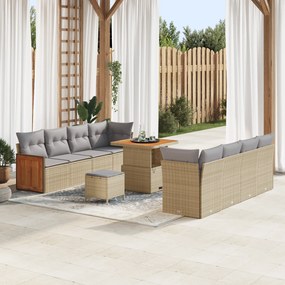 Conjunto de Sofás de Jardim vidaXL de 11 Peças com Almofadas Bege Vime PE Acácia