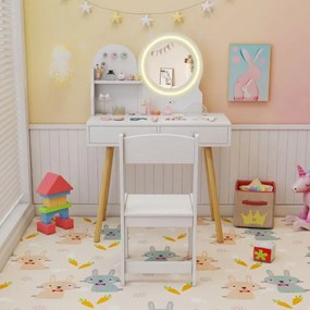 Conjunto de Toucador Infantil com Espelho Iluminado Conjunto de Mesa e Cadeira de Princesa com Espelho e Luzes Ganchos e Gavetas Branco