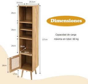 Armário de arrumação em rattan Armário de arrumação autónomo com porta Estante ajustável para sala de estar 29,5 x 29,5 x 137 cm Natural