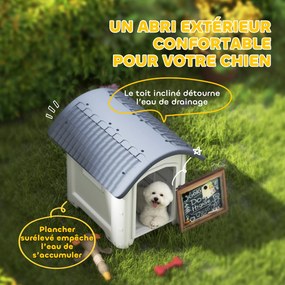 Casota para cães de exterior de plástico 71 x 60 x 63 cm com piso elevado e removível, telhado impermeável, cinzento