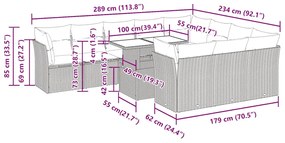 11 pcs conjunto sofás de jardim c/ almofadões vime PE cinzento