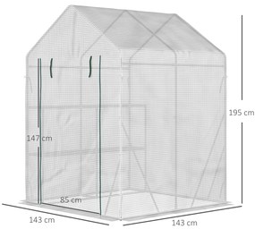 Estufa de Jardim 143x143x195 cm Estufa de Aço com 2 Prateleiras e Porta Enrolável para Cultivos de Plantas Vasos de Flores Pátio Exterior Branco