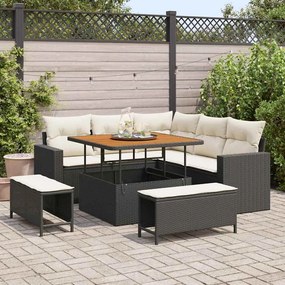 Conjunto de Sofá de Jardim de 8 Peças com Almofadas Preto Rattan Poliéster Acácia