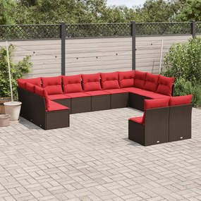 vidaXL 12 pcs conjunto de sofás jardim com almofadões vime PE castanho