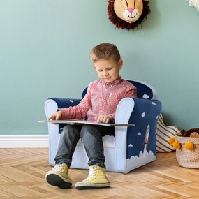 HOMCOM Poltrona para Crianças acima de 3 Anos com Desenhos de Foguete Estrutura de Madeira e Estofado em Flanela 50x39x44 cm Azul