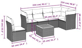 7 pcs conjunto sofás p/ jardim c/ almofadões vime PE cinzento