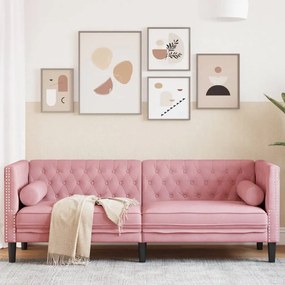 Sofá chesterfield com rolos 3 lugares veludo rosa