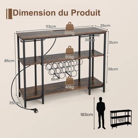 Suporte industrial para vinhos com suporte para copos, prateleiras e soquetes para 15 garrafas de vinho, armário para vinhos cinza