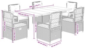 7 pcs conj. jantar p/ jardim c/ almofadões vime PE cinza-claro