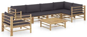 7 pcs conj. lounge jardim em bambu c/ almofadões cinza-escuro