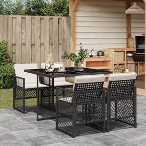 vidaXL 5 pcs conjunto de jantar p/ jardim c/ almofadões vime PE preto