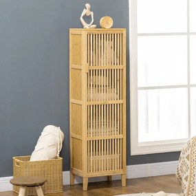 Móvel de arrumação em bambu com prateleiras e porta de design com ripas para casa de banho 40 x 30 x 140 cm