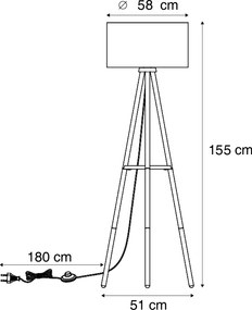 Candeeiro de pé tripé de madeira com abajur listrado branco e bege 50cm - Lou