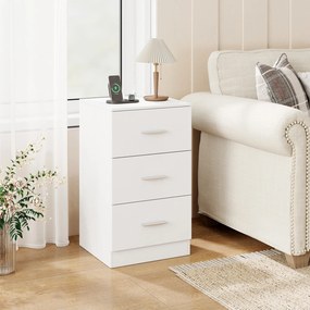 Mesa de cabeceira com base de carregamento 38 x 35 x 66 cm, 3 gavetas, porta USB, moderna, para sala ou quarto, branca