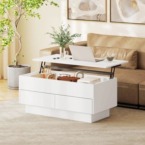 Mesa de centro com altura ajustável, mesa de sala com compartimento oculto e 2 gavetas, 100 x 50 x 44 cm, branca