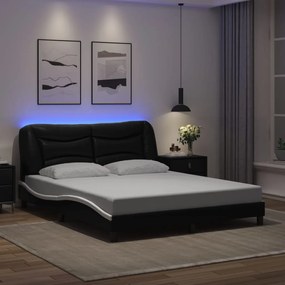 Estrutura cama c/ luzes LED 160x200cm couro artif. preto/branco
